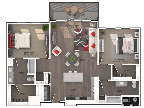 Floor plan for 2 beds, 2 baths, 1287 sqft